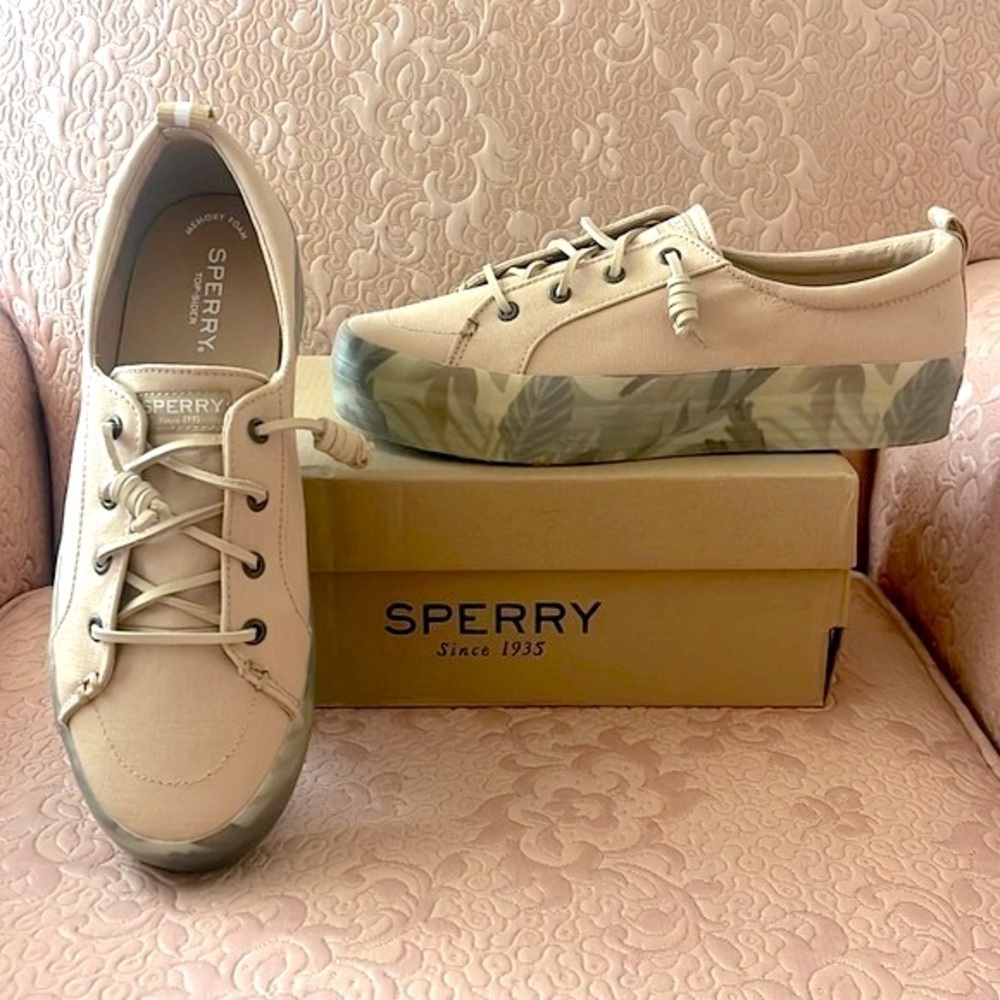 Brand New Sperry Crest Vibe Platform Sneakers Beige Green Leaf Tropical Neutral - Picture 16 of 16